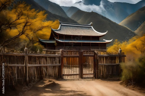A picturesque portrayal of a wooden gate, weathered by time, leading to a serene ranch with the majestic Ganden Sumtseling Monastery standing tall in Shangri-la, Yunnan