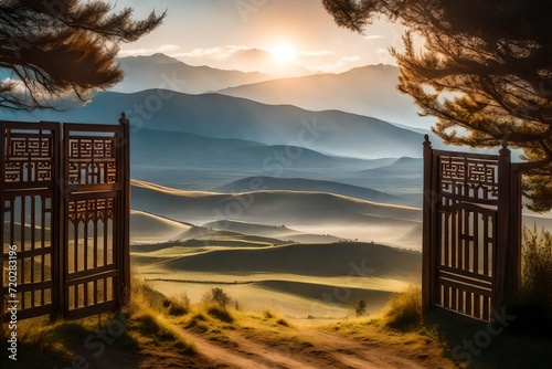 A mystical atmosphere surrounding a wooden gate that opens onto a vast ranch overlooking Ganden Sumtseling Monastery in Shangri-la, Yunnan