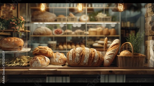 Modern bakery with assortment of bread, cakes and buns 