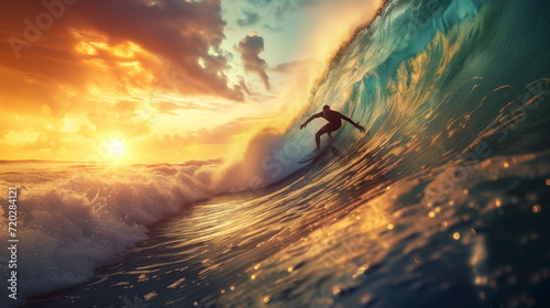 Surfing at Sunset. Young Man Riding Wave at Sunset. Outdoor Active Lifestyle