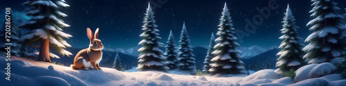 Panorama view of snow forest with one rabbit under spruce. Winter night ai generated long side scenic horizontal photography.