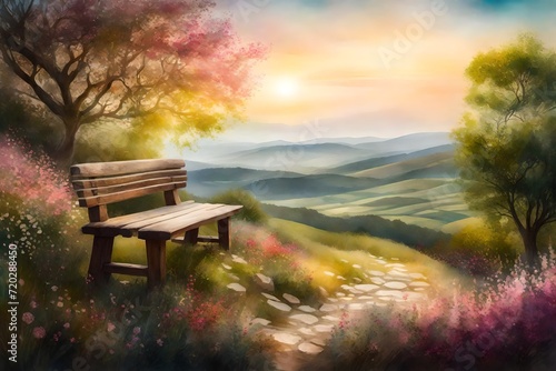 A nostalgic setting with an ancient wooden bench positioned on a hilltop, overlooking a lush and vibrant valley, the air filled with the fragrance of blooming flowers