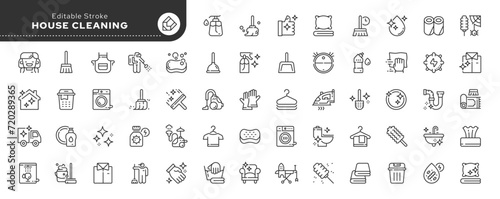 Set of line icons in linear style. Series - Home cleaning.Clean up the house. Washing floors, windows, dishes, clothes and linen.Sweeping the floor and wiping dust. Outline icon collection. Pictogram