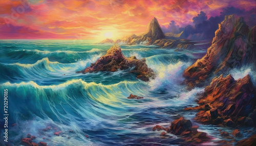 A vibrant coastal scene with rocky cliffs and crashing waves against a colorful sky.