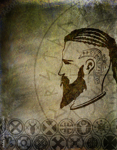 Wikinger Gesicht im Profil - Kult - Grunge Texturen - Nordische Mythologie mit Runen - Schilde Schildwall