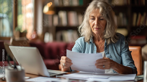 Thoughtful elderly mature woman reading paper bill, paying online at home, managing bank finances, calculating taxes, planning pension payment on loan 