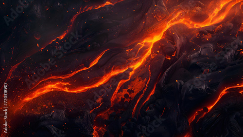 Red lava flows break from the surface after a volcanic eruption. fire abstract background.