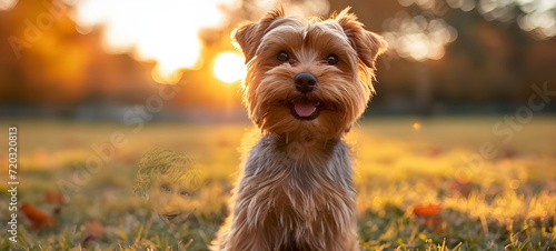 happy yorkshire terrier in the autumn grass