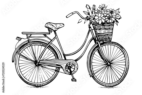 Vintage bicycle with flowers in a basket hand drawn engraved vector illustration