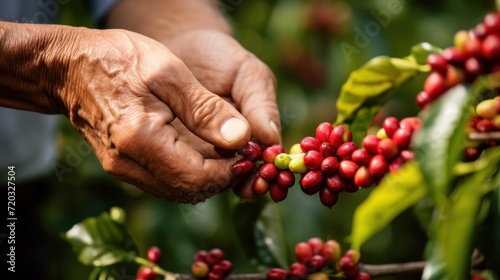 Man Hands harvesting cherry coffee bean ripe Red berry plant fresh seed 