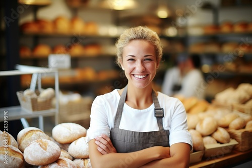 Cheerful saleswoman at the bakery, warmly welcoming customers with a bright smile