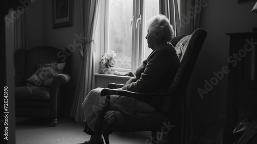 Elderly lady sitting alone in her old house. Loneliness for older people living by themselves.