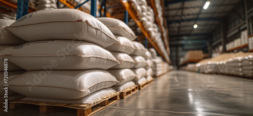 Warehouse with bags of corn or rice in storage facility