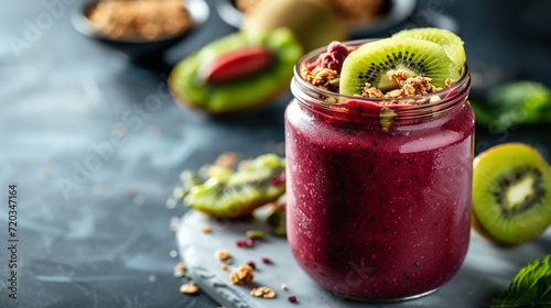 Refreshing acai smoothie topped with granola and kiwi slices in a mason jar.