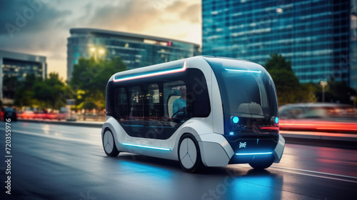 Autonomous electric shuttle bus self driving on street, Smart vehicle concept