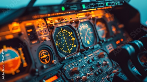 Vintage Control panel in plane cockpit. Analogue control devices
