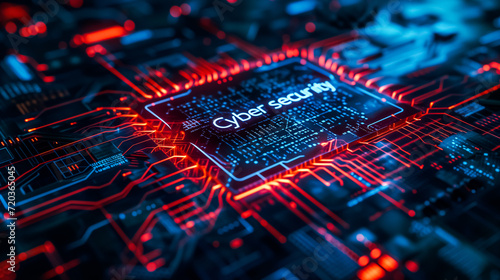 A close-up view of a complex circuit board with intricate designs illuminated by dynamic red and blue lights. A central chip labeled “Cyber security” is indicating the theme of digital safety. 