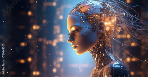 Artificial intelligence concept futuristic background. Science and technology backgrounds with beautiful female robot cyborg. AI generated illustration.