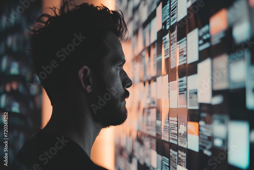 a man looking at a screen with a screen with folders