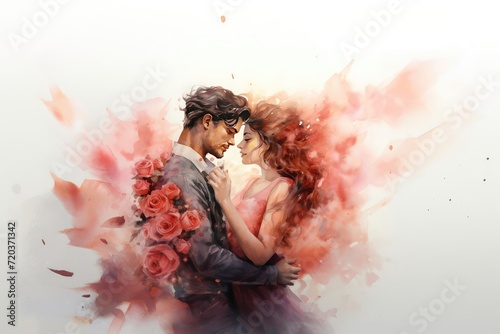 Couple in love on a date. Watercolor background for Valentine's Day, love, wedding concept.