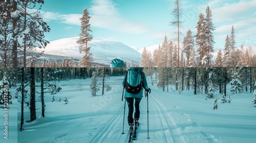Back view of cross country skier exploring scenic forest trail in winter landscape
