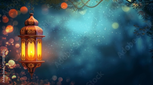 beautiful arabic lantern with lit candle hanging on a tree