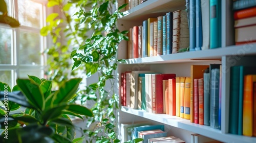 A bright and airy reading nook featuring a white bookshelf and vibrant plants.