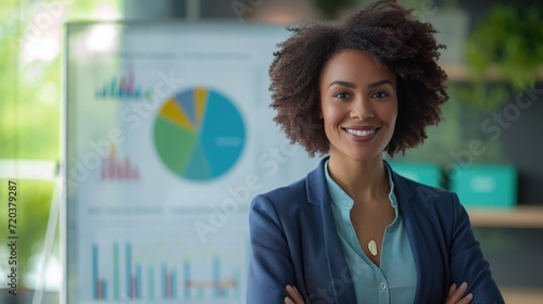 Big data analysis and fintech e-commerce concept with successful black woman as executive director presenting growth statistics to diverse conference meeting members in the office with graphs