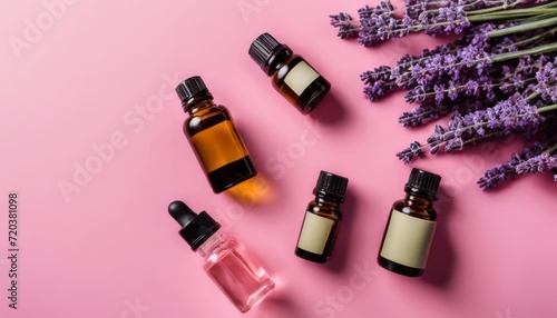 A collection of essential oils and lavender flowers