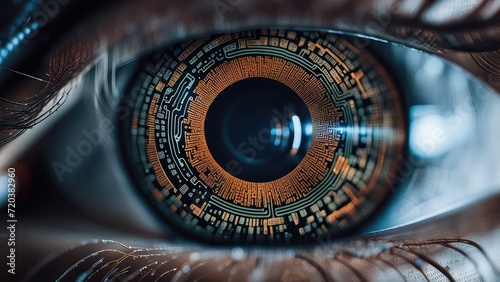 The eye of a cyborg, a human android. The concept of the world of the future