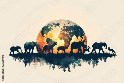 wild animals walking around a globe. world wildlife day concept. environment and biodiversity, earth and wild animals
