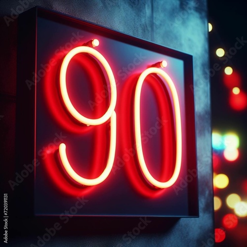 Generative AI. A neon sign displaying the number “90” in red, illuminated against a dark background with colorful lights.