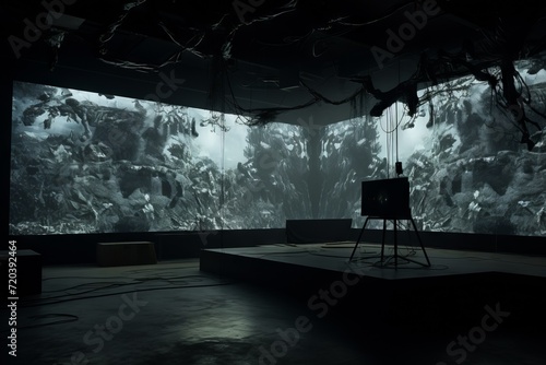 Indoor black and white photograph of a multimedia art installation with wall projections of semi-abstract jungle foliage. From the series “Imaginary Museums."