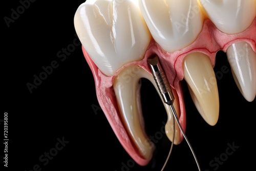A dental device connected to a tooth, used for necessary treatment., Mesial impaction of Wisdom teeth to the second molar, AI Generated
