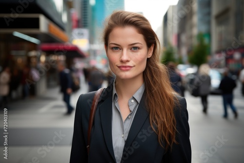A confident woman wearing a suit stands on a busy city street, Portrait of a businesswoman on the street of a city, AI Generated