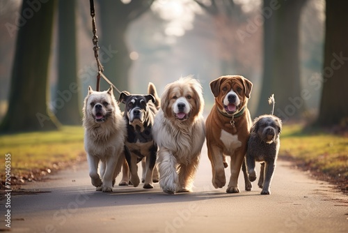 Several dogs of different breeds and sizes walking in a single file down a road, Professional Dog Walkers, Dog Walking Business, Services, AI Generated