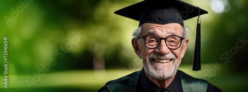 Elderly senior older retiree man on sunny street wearing glasses and mortarboard graduate hat smiling at camera celebrating mature person graduation success banner or poster with green copyspace