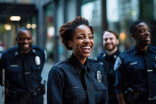A united group of police officers standing shoulder to shoulder, ready to serve and protect, Smiling black female police officer talking to her colleagues, AI Generated