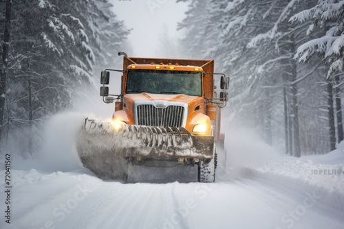 An iconic winter scene featuring a truck confidently traversing a snow-covered road, Snow plow truck clearing road after winter snowstorm or blizzard, AI Generated