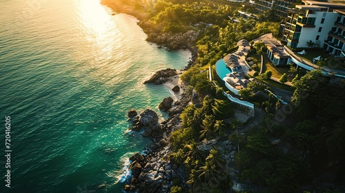 Aerial view of luxury hotel and resort at sea beach in tropical sea at sunset with beautiful colors. Copy space for text.