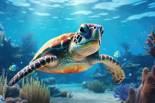 Green sea turtle swimming in the ocean. Underwater world. 3d rendering, Green sea turtle swimming in turquoise sea water, captured through an underwater photo, AI Generated