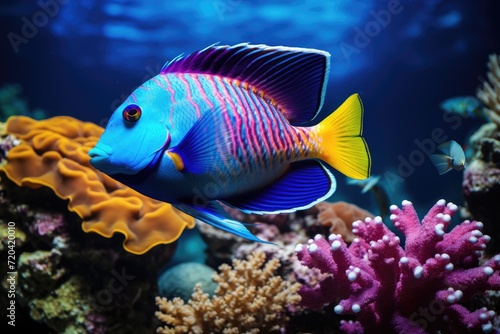 A vibrant blue and yellow fish gracefully swims in a captivating aquarium, tropical fish on a coral reef, AI Generated