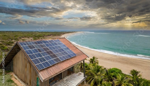 close-up hut with solar panels on the roof, in front of the beach, cloudy sky