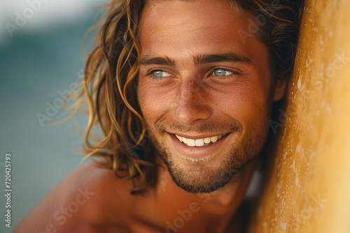 Photo of beautiful hot young surfer man with wet wavy golden, charming smile , piercing blue eyes, sensitive gaze, tanned skin . He is holding a serf board . Beach setting. Tropical leaves . Water spl