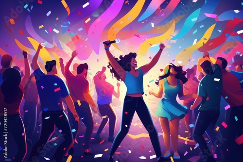 A lively gathering where a diverse group of individuals joyfully dance together in celebration of an event, Young happy individuals are dancing in clubs, Nightlife and disco concept, AI Generated