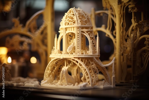 Close-Up of Wooden Model Building, Detailed Replica of Architectural Structure, The 3D printing machine creates the 3D prototype model using resin material, AI Generated