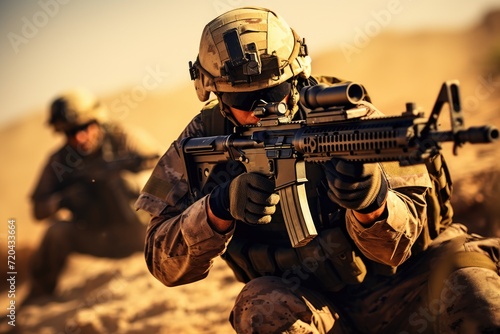 A soldier stands confidently with a gun in his hand, prepared for combat, United States Marine Corps Special forces soldiers in action during a desert mission, AI Generated