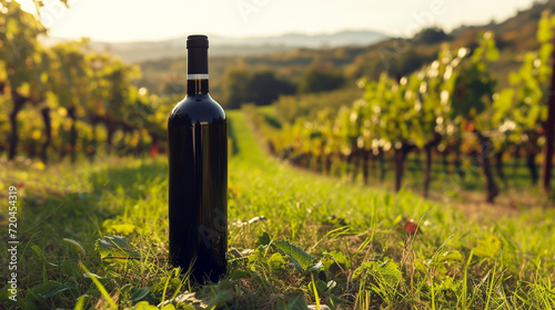 A bottle of wine on the background of a vineyard