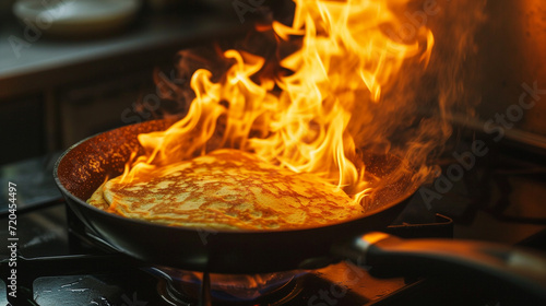 A frying pan on fire in which a pancake is cooked