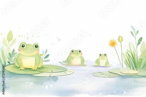 A family of toads living harmoniously in a green, vibrant swamp , cartoon drawing, water color style